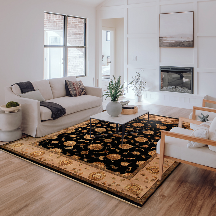 New Kashan 8x10 Beige/Black Wool and Silk Embossed