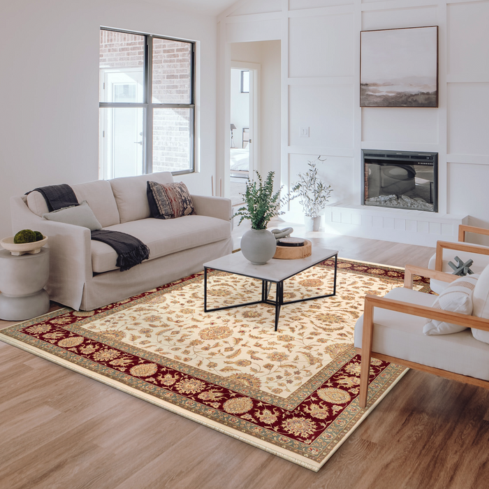 Agra 8x10 Beige/Ivory/Burgundy Wool and Silk