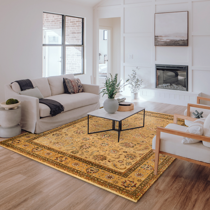 New Kashan 8x10 Ivory/Golden Brown Wool and Silk