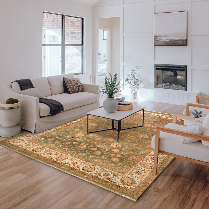 Agra 8x10 Beige/Light Green Wool and Silk