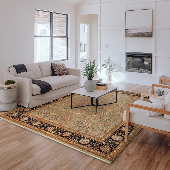 Indo Persian 8x10 Kirman Olive Green/Black Wool and Silk