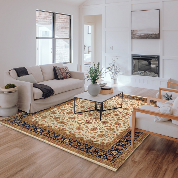 Indo Persian 8x10  Beige/Dark Blue Wool and Silk