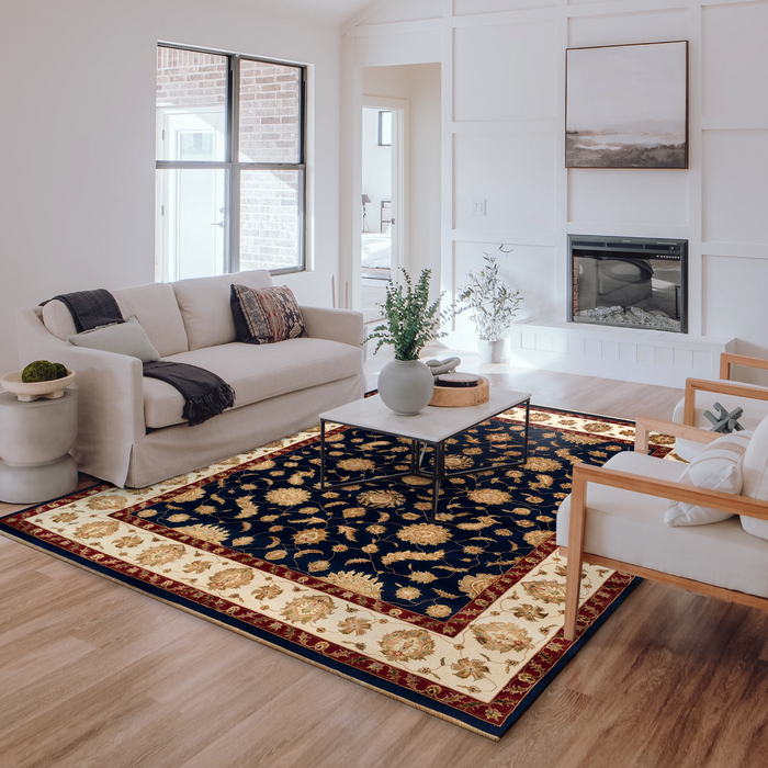 New Varanasi 8x10 Gold/Ivory/Blue Wool and Silk