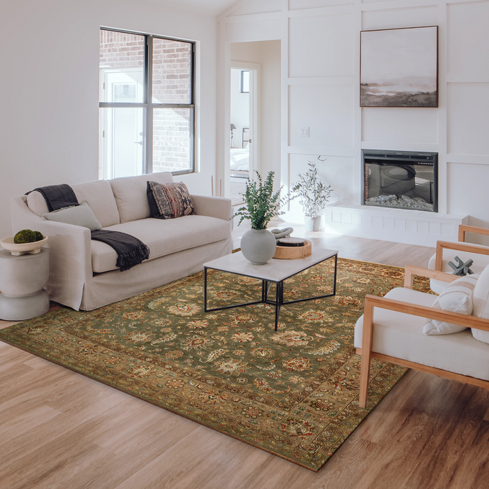 New Kashan 8x10 Green/Brown/Light Blue Wool and Silk