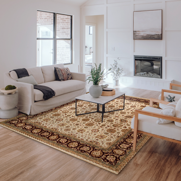 New Kashan 8x10 Beige/Burgundy Wool and Silk