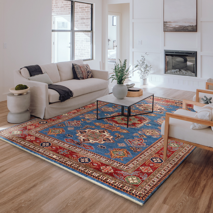 Super Kazak 9x12 Cerulean blue/Scarlet red