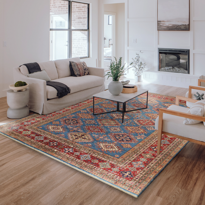 Super Kazak 9x12 Cerulean Blue/ Scarlet Red