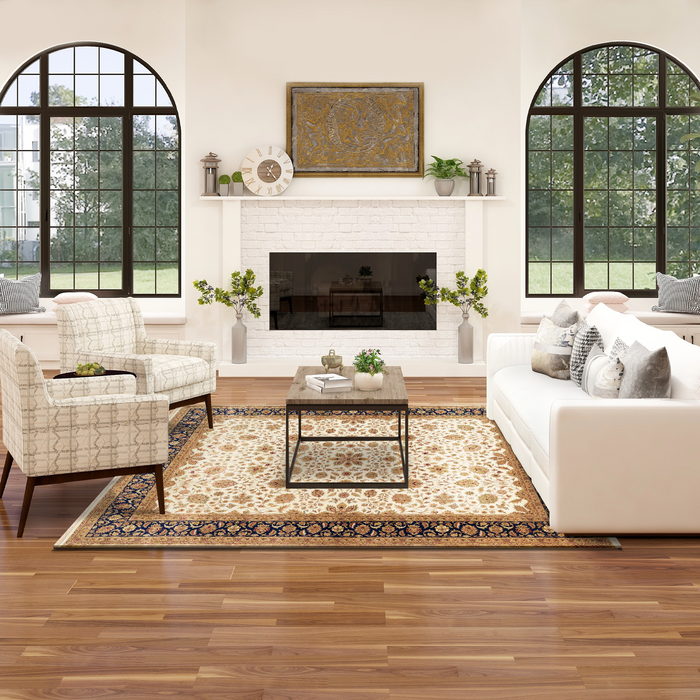 Indo Persian 8x10  Beige/Dark Blue Wool and Silk