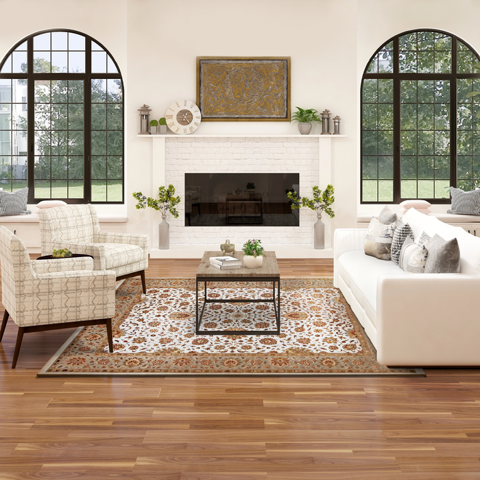 Kashan 8x10 Ivory/Olive Green Wool and Silk