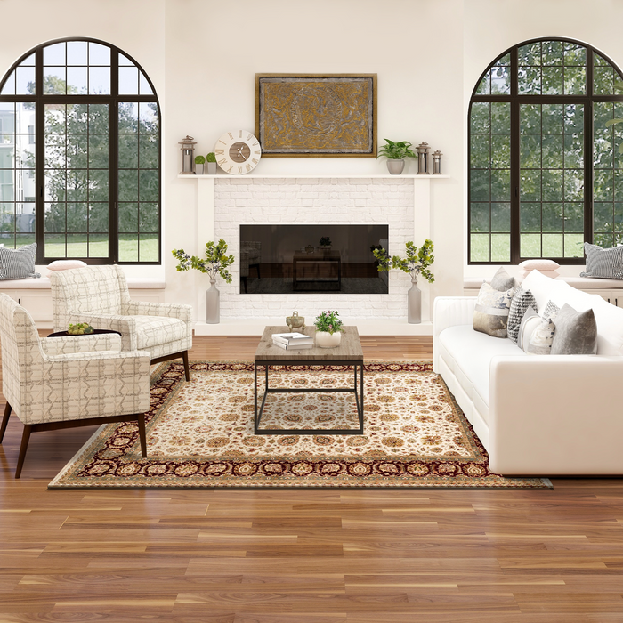 New Kashan 8x10 Beige/Burgundy Wool and Silk