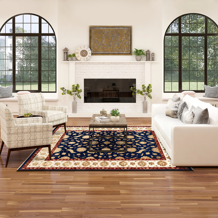 New Varanasi 8x10 Gold/Ivory/Blue Wool and Silk