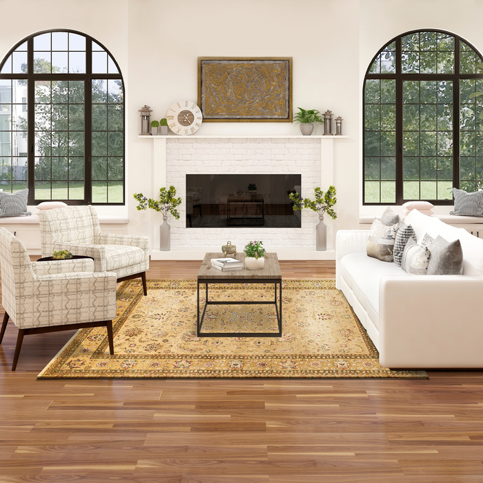 New Kashan 8x10 Ivory/Golden Brown Wool and Silk