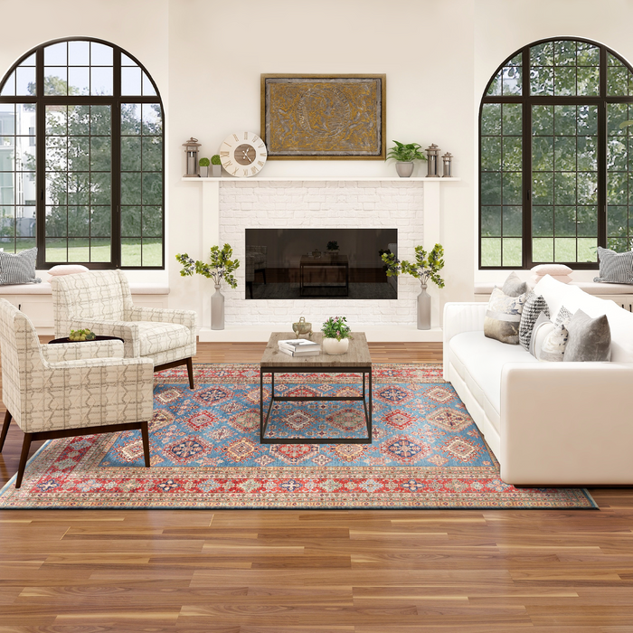 Super Kazak 9x12 Cerulean Blue/ Scarlet Red