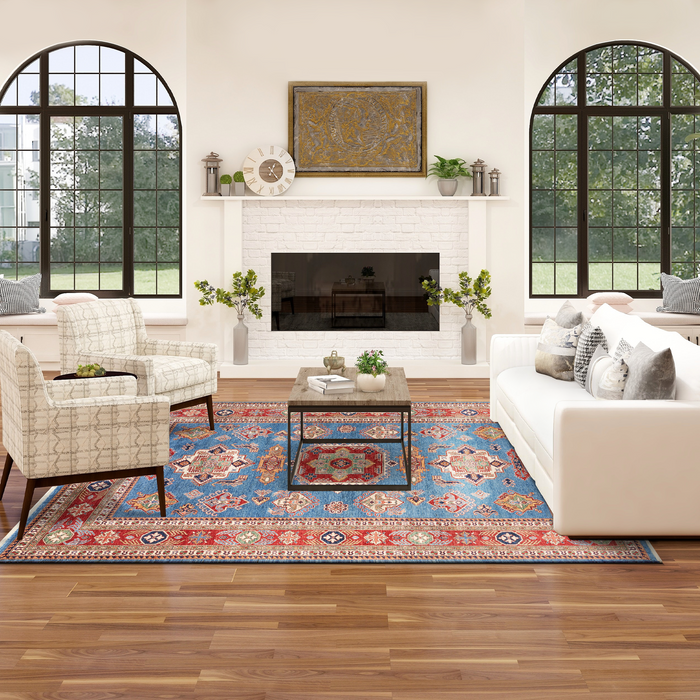 Super Kazak 9x12 Cerulean blue/Scarlet red