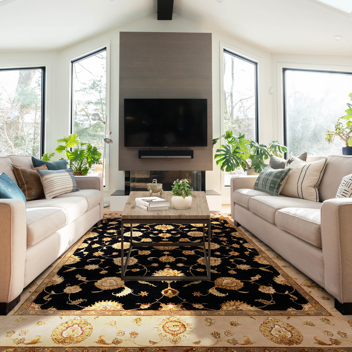 New Kashan 8x10 Beige/Black Wool and Silk Embossed