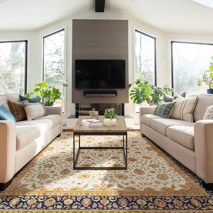 Indo Persian 8x10  Beige/Dark Blue Wool and Silk