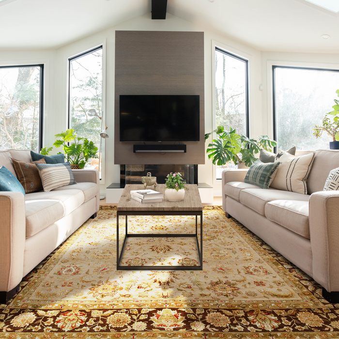 New Mashad 8x10 Ivory/Brown Wool and Silk