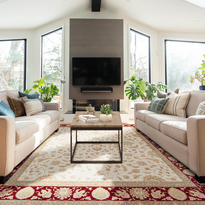 Agra 8x10 Beige/Ivory/Burgundy Wool and Silk