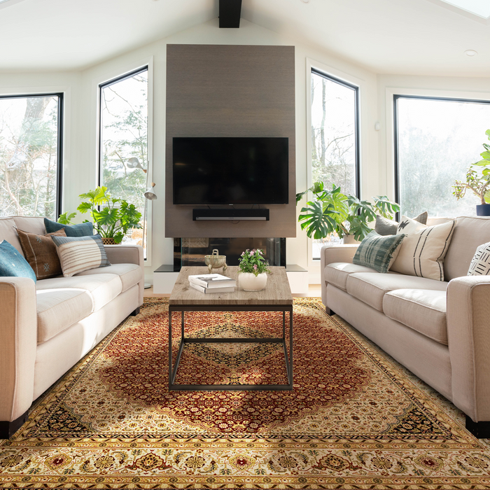 Tabriz 8x10 Burgundy/Beige/Blue Wool and Silk