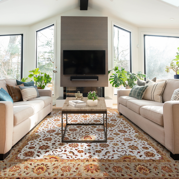 Kashan 8x10 Ivory/Olive Green Wool and Silk