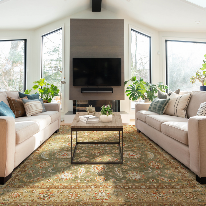 New Kashan 8x10 Green/Brown/Light Blue Wool and Silk