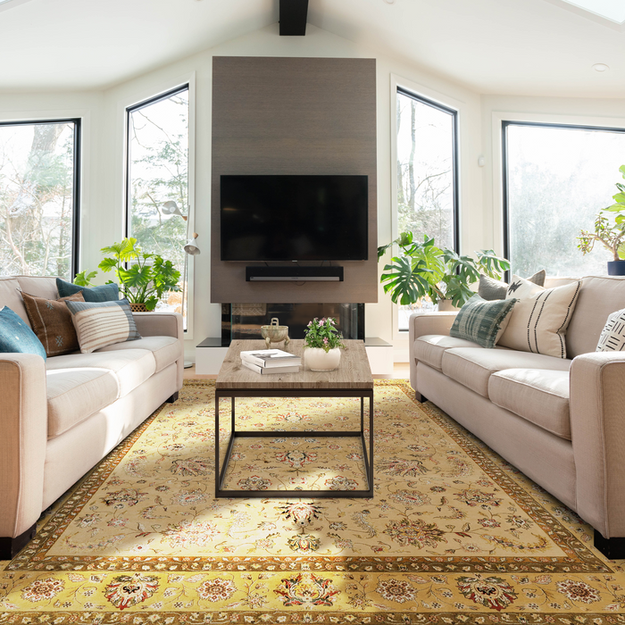 New Kashan 9x12 Ivory/Golden Brown Wool and Silk