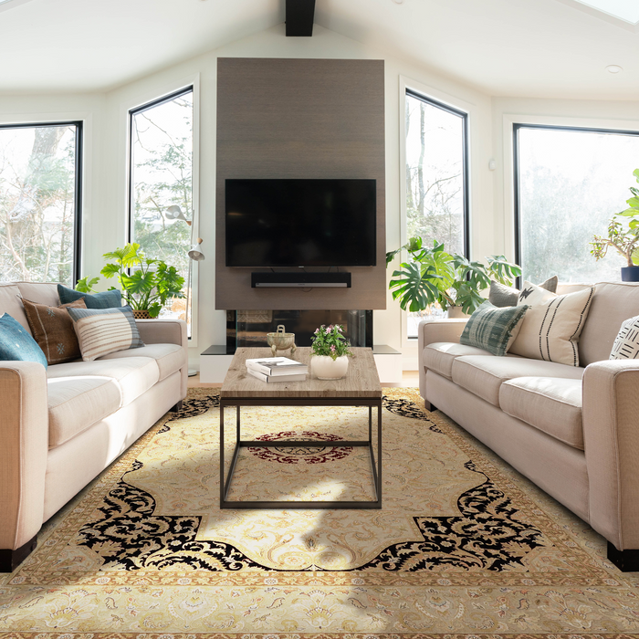 New Tabriz 9x12 Beige Wool and Silk Embossed