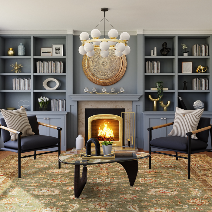 New Kashan 8x10 Green/Brown/Light Blue Wool and Silk