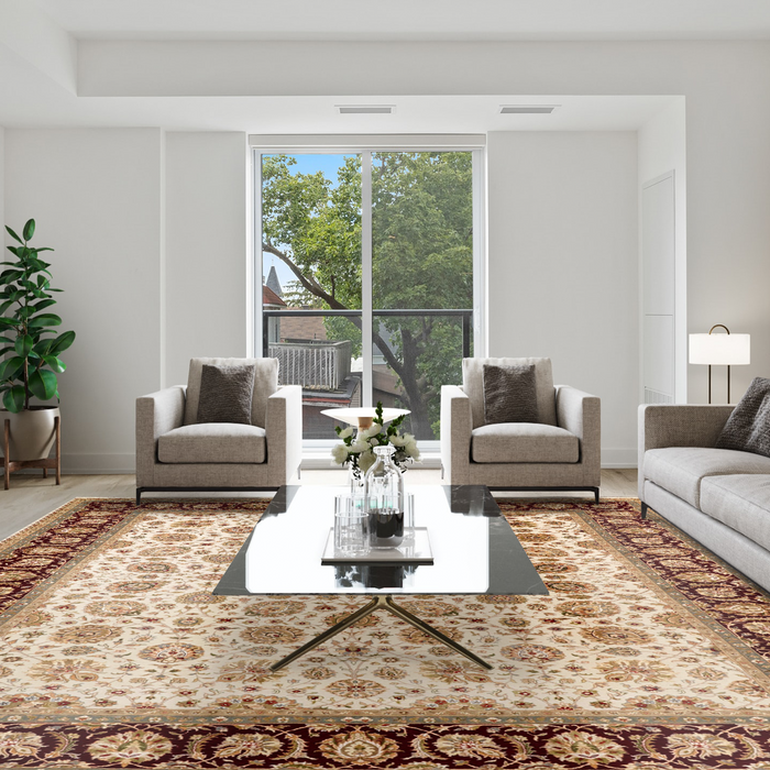 New Kashan 8x10 Beige/Burgundy Wool and Silk