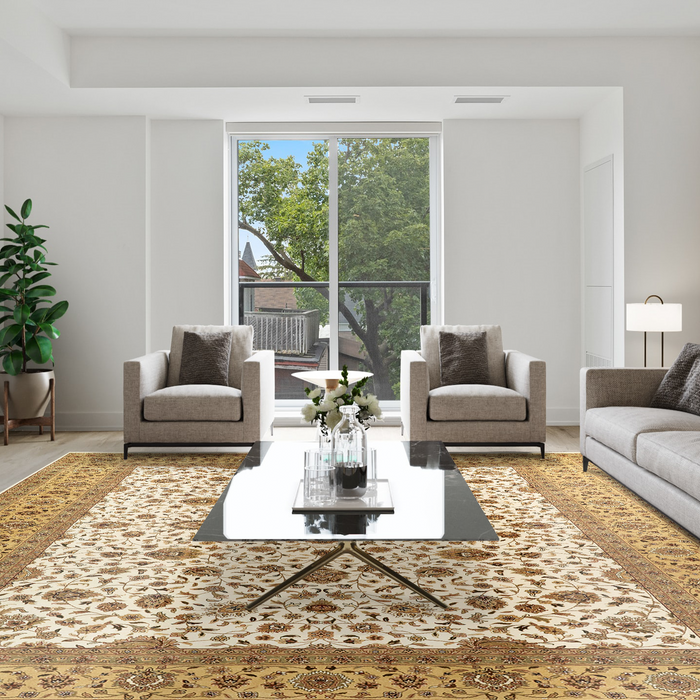 Kashan 9x12 Beige/Light Gold Wool and Silk