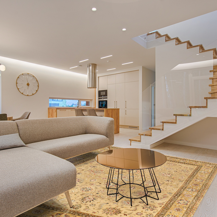 New Kashan 9x12 Ivory/Golden Brown Wool and Silk