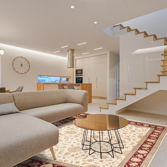 Agra 8x10 Beige/Ivory/Burgundy Wool and Silk