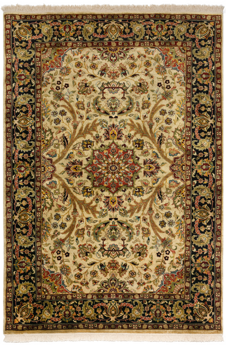 Indo Persian 4x6 Ivory/Black Wool and Silk
