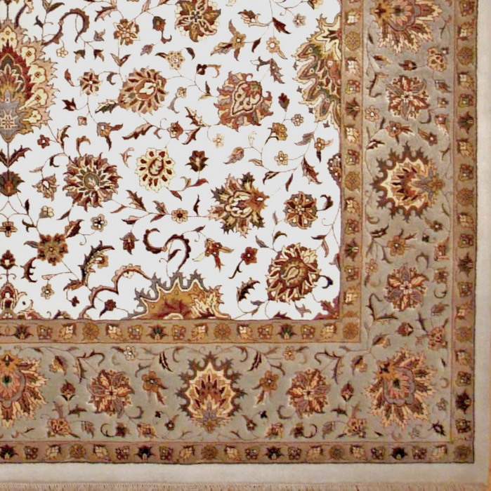 Kashan 8x10 Ivory/Olive Green Wool and Silk