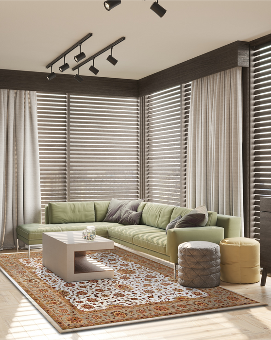 Kashan 8x10 Ivory/Olive Green Wool and Silk