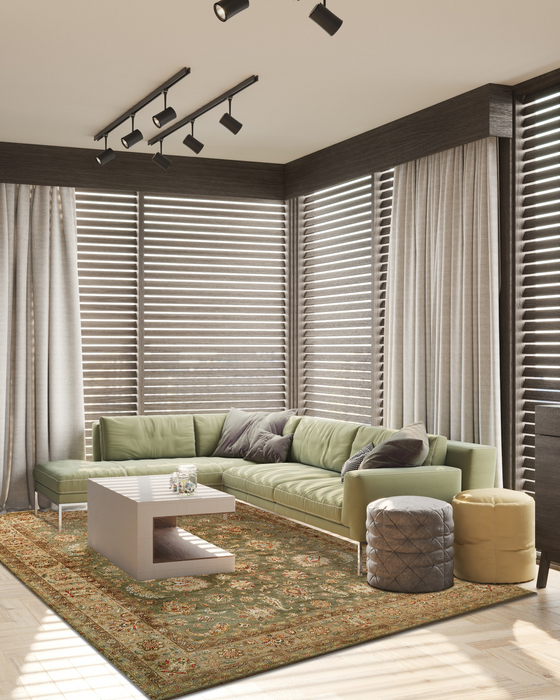 New Kashan 8x10 Green/Brown/Light Blue Wool and Silk