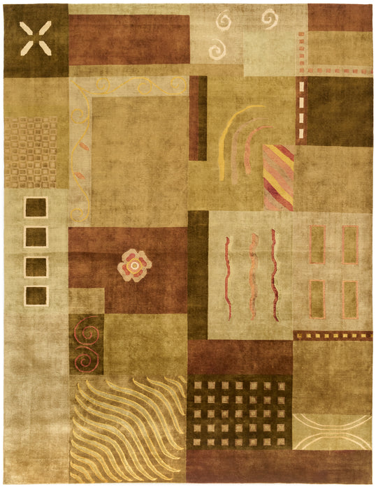 9x12 Art Deco Brown Wool & Silk