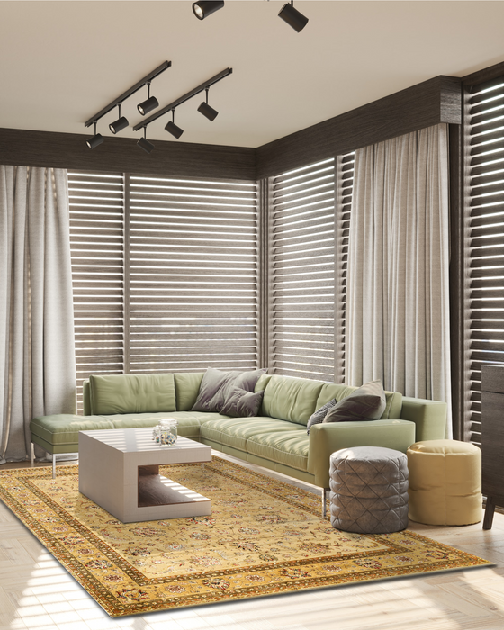 New Kashan 9x12 Ivory/Golden Brown Wool and Silk