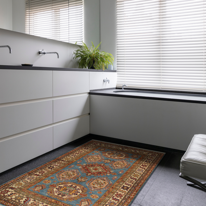 Super Kazak 4x6 Light Blue Ivory Red