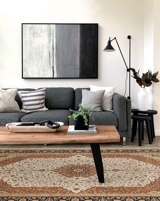 New Tabriz 6x9 Beige/Black Wool and Silk