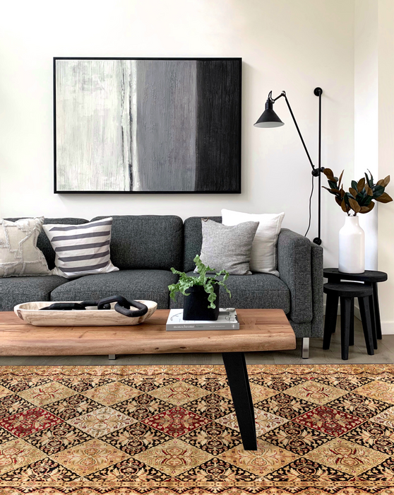 Agra 6x9 Black/Light Gold Wool and Silk