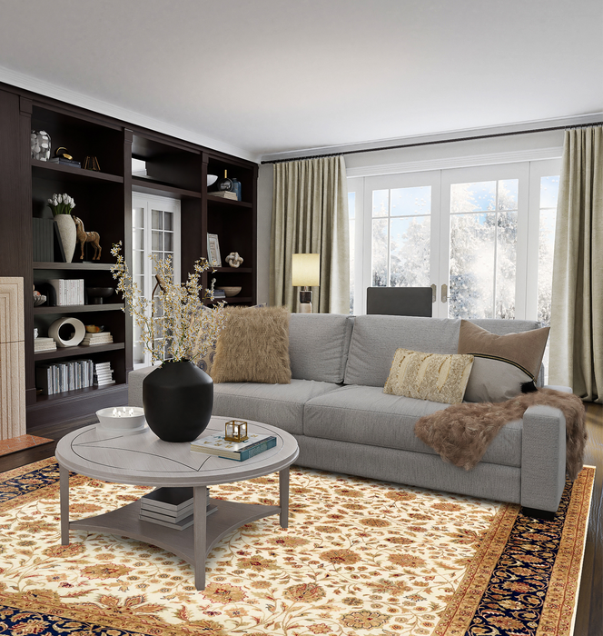 Indo Persian 8x10  Beige/Dark Blue Wool and Silk