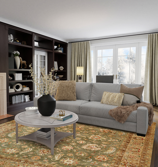 New Kashan 8x10 Green/Brown/Light Blue Wool and Silk