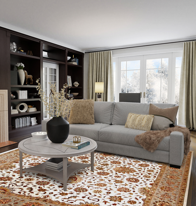 Kashan 8x10 Ivory/Olive Green Wool and Silk