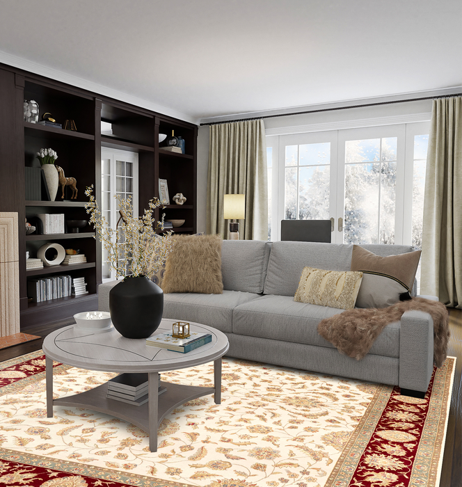 Agra 8x10 Beige/Ivory/Burgundy Wool and Silk