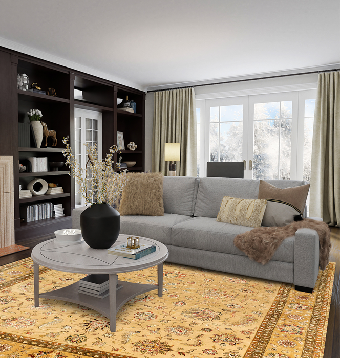 New Kashan 8x10 Ivory/Golden Brown Wool and Silk