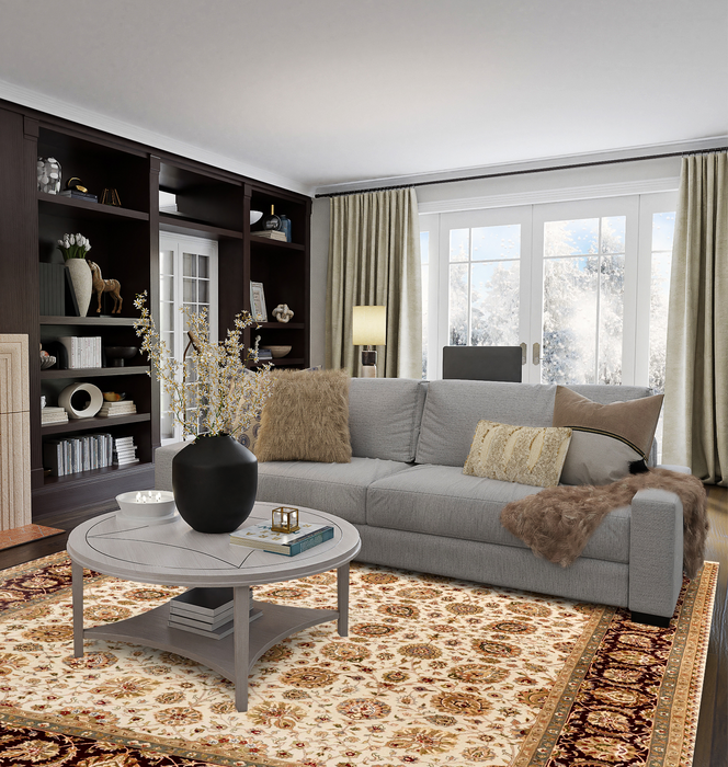 New Kashan 8x10 Beige/Burgundy Wool and Silk