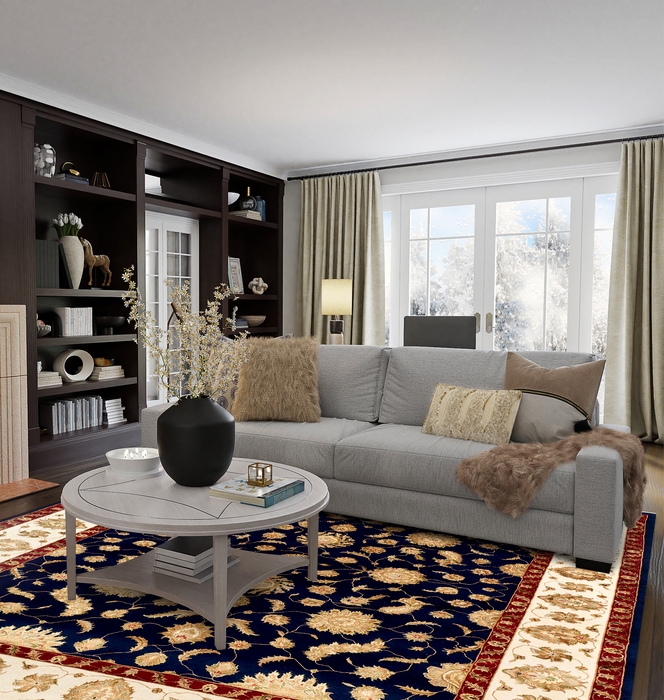 New Varanasi 8x10 Gold/Ivory/Blue Wool and Silk