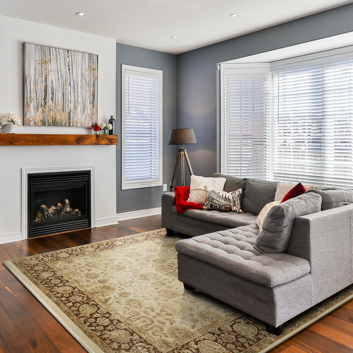 Enchante 8x10 Ivory/Mocha Wool and Silk Embossed.