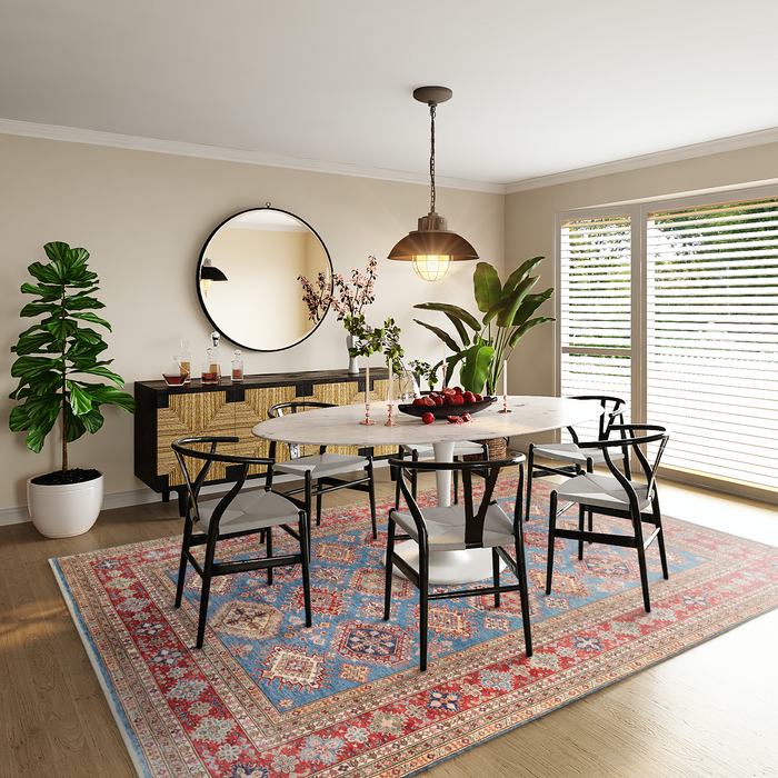 Super Kazak 9x12 Cerulean Blue/ Scarlet Red